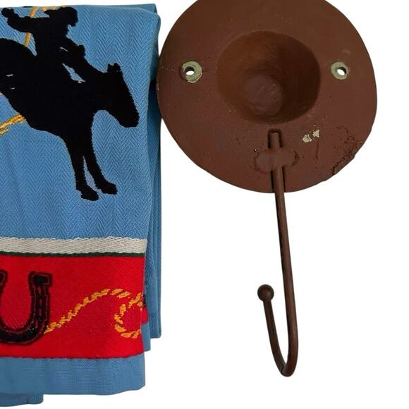 Western Cowboy Kitchen Towel Set of 2 Rustic and Cast Iron Hat Hook Rodeo Decor - Picture 2 of 7